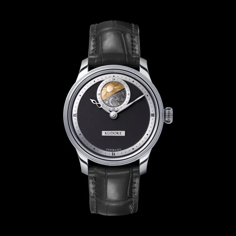 Kudoke 2 Galvano Black Kudoke 2 – Galvano Black front view with 24-hour sky disc and galvano-black dial