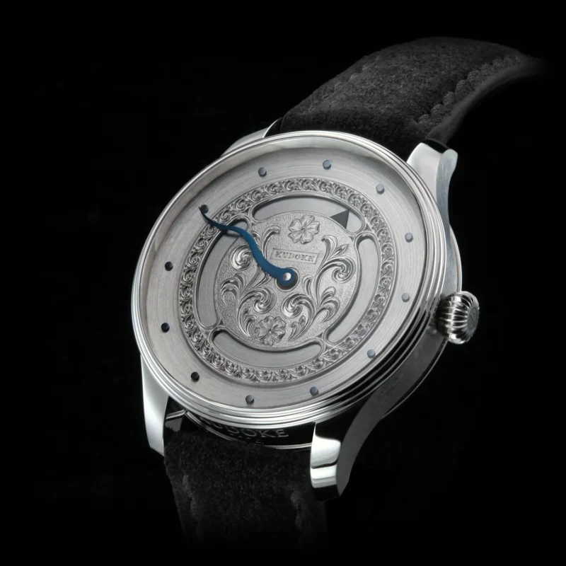 Kudoke Mysticum 41mm stainless steel case with onion crown front angle view