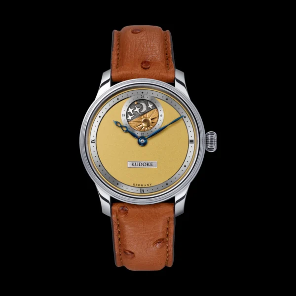 Kudoke 2 - Yellow Gold watch front view with 24-hour sky disc and blue steel infinity hour hand