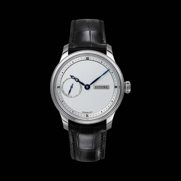 Kudoke 1 German hand-wound watch with frosted silver dial, blue steel infinity hour hand and small seconds at 9