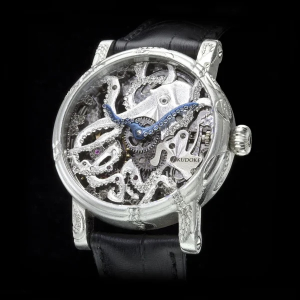 Kudoke Free KudOktopus German skeleton watch with hand-engraved 42 mm case and blued tentacle hands
