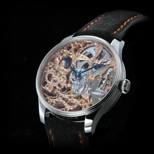 Kudoke HR1 skeleton watch front view with rose gold plated hand-engraved Unitas 6498 movement and blue Breguet hands