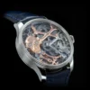 Kudoke Real Skeleton front left angle displaying diamond-eyed skull, rose gold plated bones and stainless steel 41 mm case