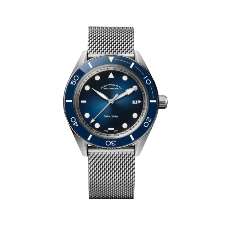 ELKA Arinis AF01-1001 blue gradient dial diver watch with ceramic bezel, date at 3 o’clock and Milanese mesh bracelet