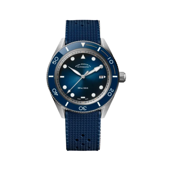 ELKA Arinis AF01-1201 ELKA Arinis AF01-1201 Swiss automatic diver watch with blue gradient dial, ceramic bezel, and blue Tropic FKM rubber strap.