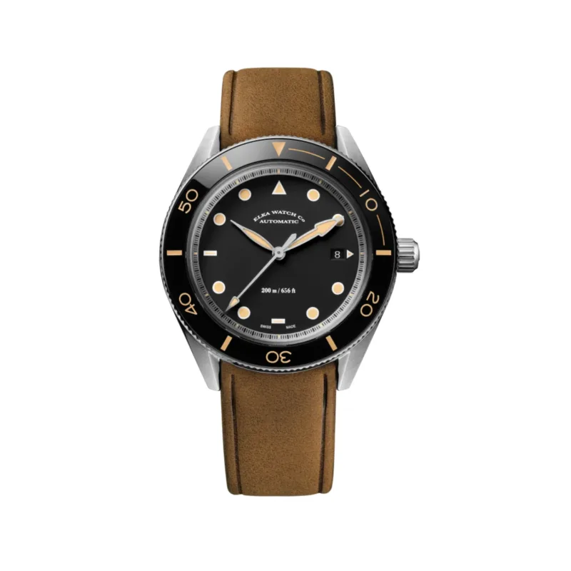 ELKA Arinis AF02-0804 ELKA Arinis AF02-0804 black dial diver watch with ceramic bezel and cognac nubuck leather strap