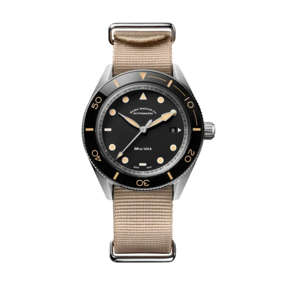 ELKA Arinis AF02-0901 ELKA Arinis AF02-0901 black dial Swiss dive watch with ceramic bezel and beige NATO strap