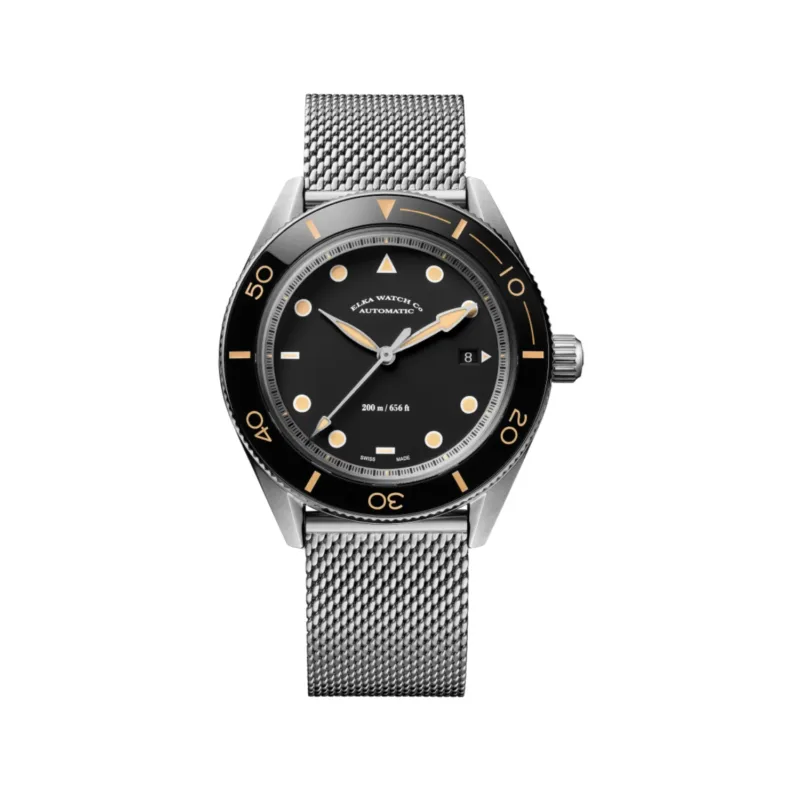 ELKA Arinis AF02-1001 Swiss automatic dive watch black dial Milanese mesh bracelet