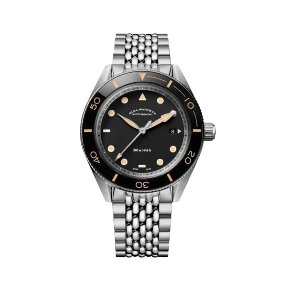 ELKA Arinis AF02-1002 Swiss dive watch with black dial, ceramic bezel and rice grain steel bracelet.