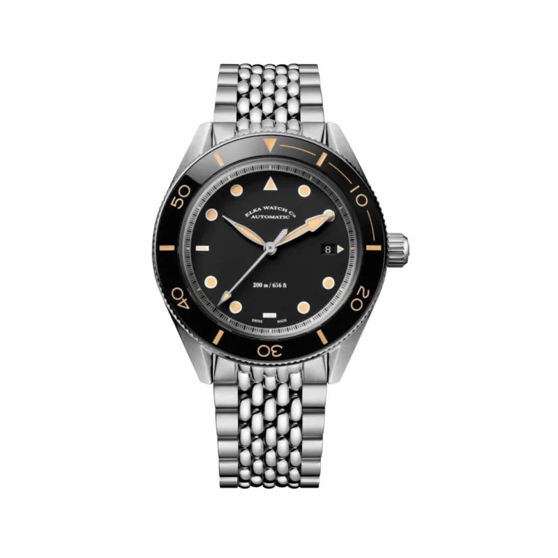 ELKA Arinis AF02-1002 Swiss dive watch with black dial, ceramic bezel and rice grain steel bracelet.