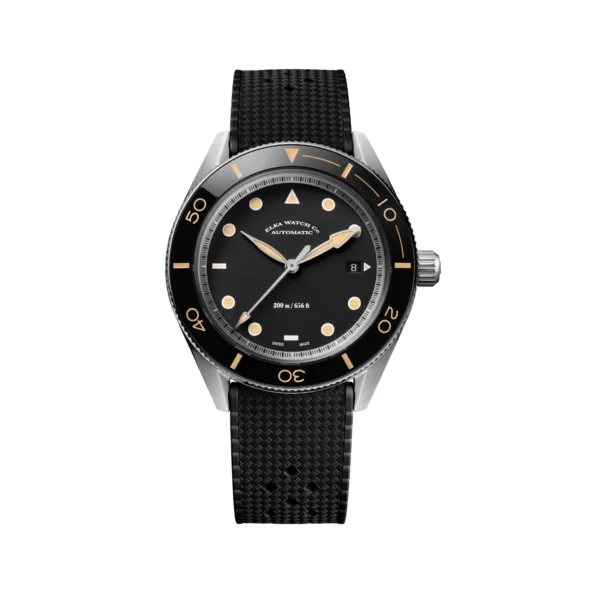 ELKA Arinis AF02-1202 black dial Swiss automatic dive watch with ceramic bezel and Tropic rubber strap