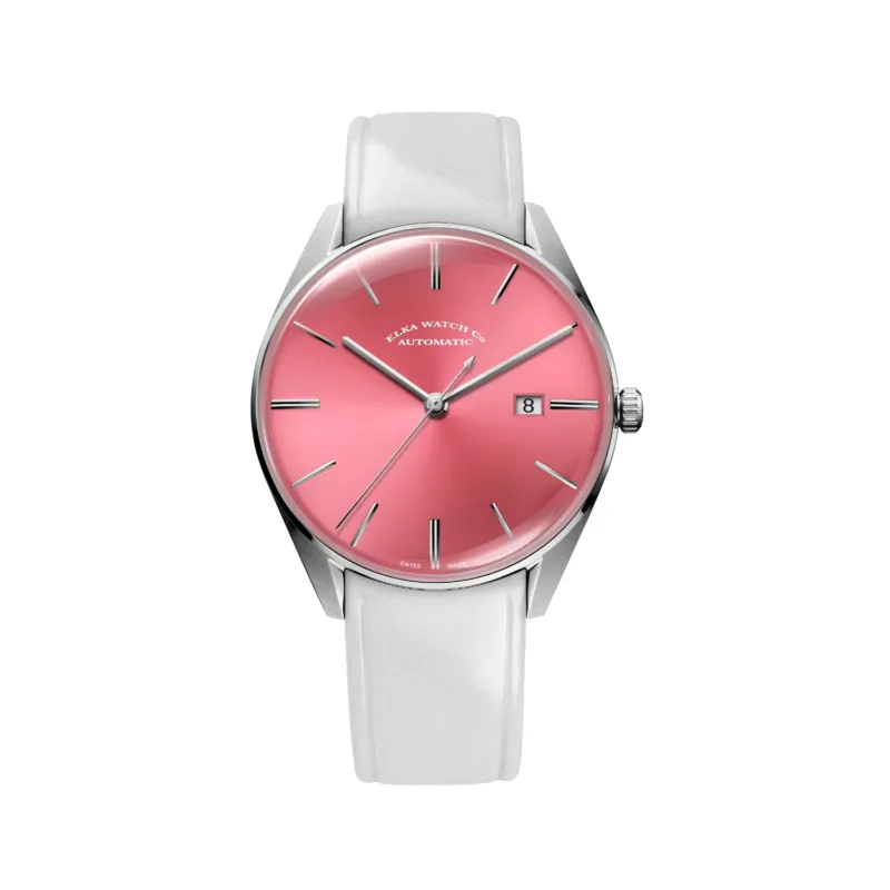 ELKA D06-0808 Swiss automatic watch with baby pink sunbrushed dial, stainless steel case and light grey leather strap