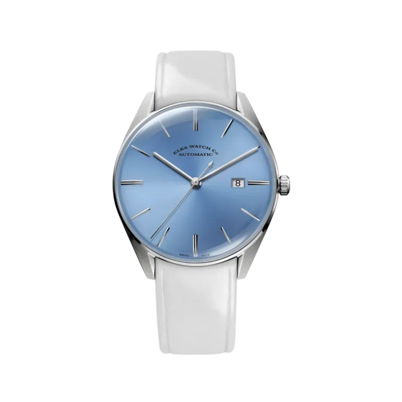 ELKA D08-0808 baby blue dial automatic Swiss watch with white leather strap