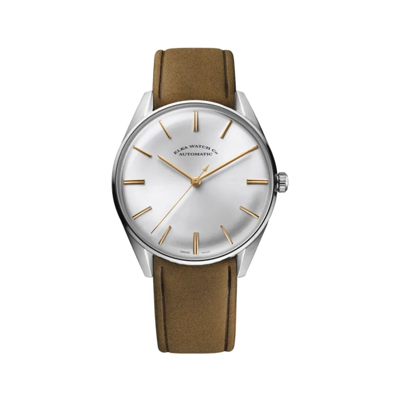 ELKA MD01wo-0814 silver dial rose gold indexes cognac suede strap automatic watch