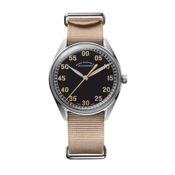 ELKA X01-0901 black dial automatic watch with beige NATO strap and vintage Superluminova numerals