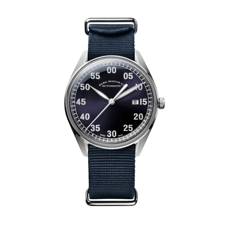 ELKA X03-0902 Swiss automatic watch with blue dial, Super-LumiNova numerals, date at 3 o’clock and blue NATO strap