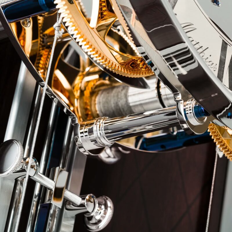 Close-up of escapement and winding mechanism with finely finished metal components