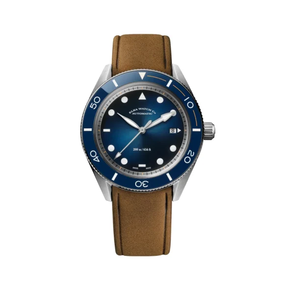 ELKA Arinis AF01-0804 blue gradient dial Swiss automatic diver watch with blue ceramic bezel and cognac nubuck leather strap