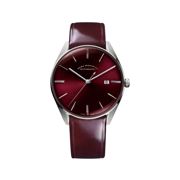 ELKA D07-0810 burgundy sunburst dial automatic watch with dark brown leather strap