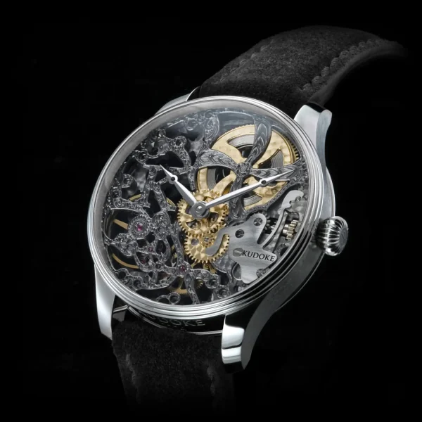 Kudoke Black Beauty skeleton watch with black rhodium engraved Unitas 6498 movement, 41 mm stainless steel case and leather strap