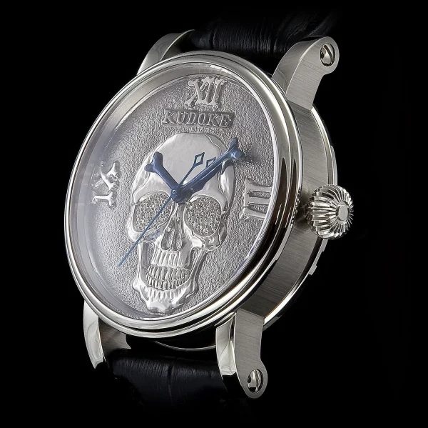 Kudoke Skull German independent watch angled front view in stainless steel case